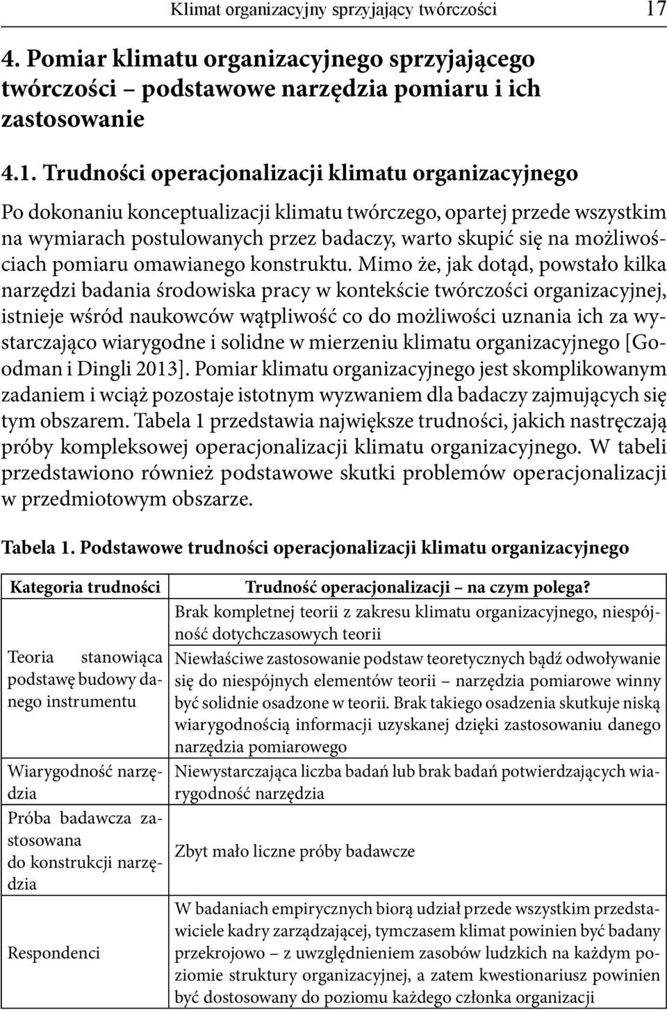 Trudności operacjonalizacji klimatu organizacyjnego Po dokonaniu konceptualizacji klimatu twórczego, opartej przede wszystkim na wymiarach postulowanych przez badaczy, warto skupić się na