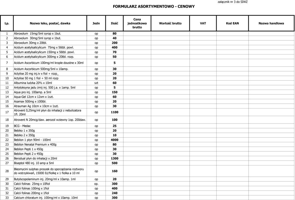 op 50 7 Acidum Ascorbicum 100mg/ml krople doustne x 30ml op 5 8 Acidum Ascorbicum 500mg/5ml x 10amp. op 30 9 Actylise 20 mg inj.