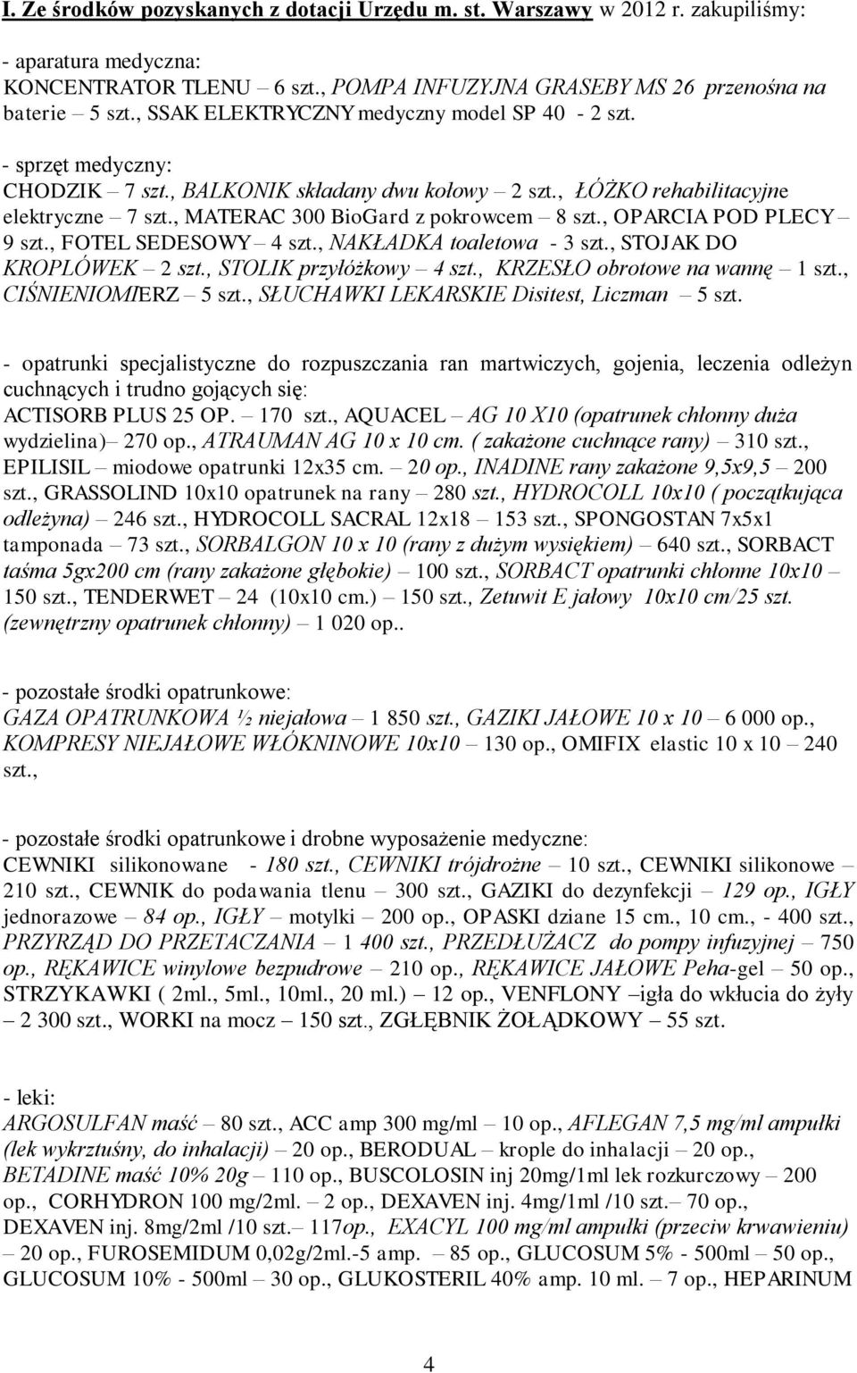 , OPARCIA POD PLECY 9 szt., FOTEL SEDESOWY 4 szt., NAKŁADKA toaletowa - 3 szt., STOJAK DO KROPLÓWEK 2 szt., STOLIK przyłóżkowy 4 szt., KRZESŁO obrotowe na wannę 1 szt., CIŚNIENIOMIERZ 5 szt.