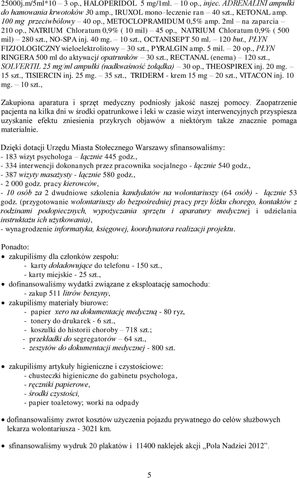 , PŁYN FIZJOLOGICZNY wieloelektrolitowy 30 szt., PYRALGIN amp. 5 mil. 20 op., PŁYN RINGERA 500 ml do aktywacji opatrunków 30 szt., RECTANAL (enema) 120 szt.