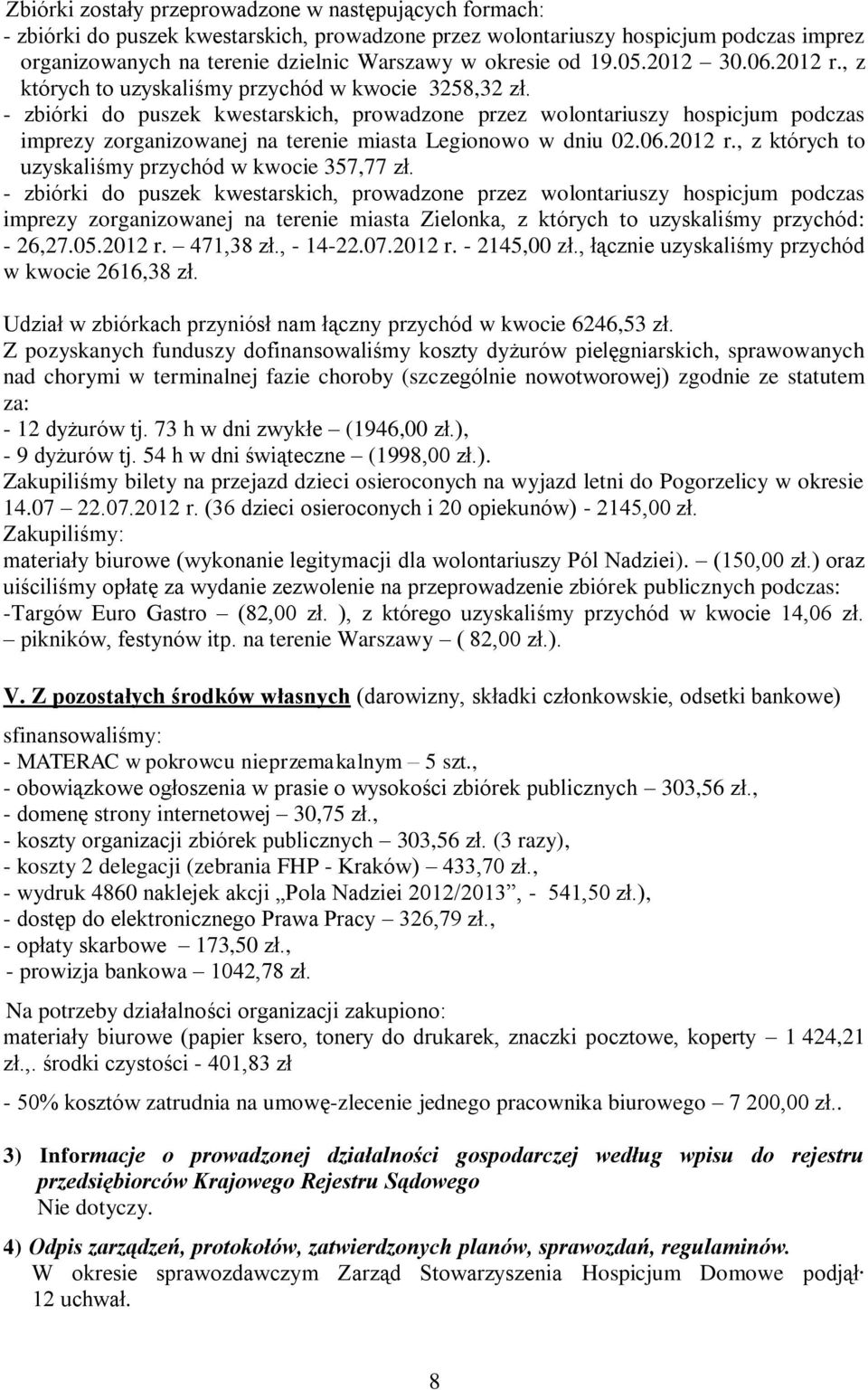 - zbiórki do puszek kwestarskich, prowadzone przez wolontariuszy hospicjum podczas imprezy zorganizowanej na terenie miasta Legionowo w dniu 02.06.2012 r.