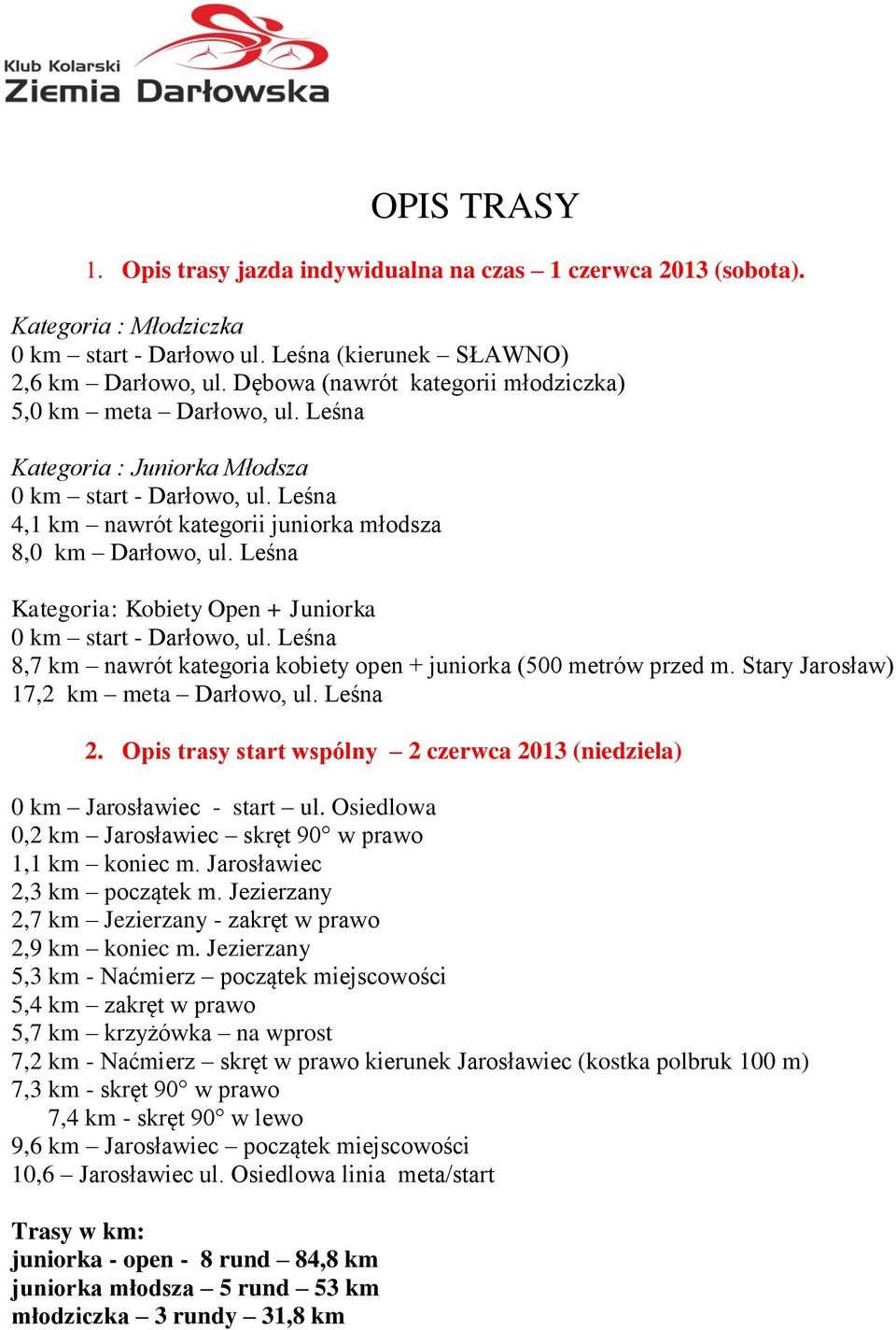 Leśna Kategoria: Kobiety Open + Juniorka 0 km start - Darłowo, ul. Leśna 8,7 km nawrót kategoria kobiety open + juniorka (500 metrów przed m. Stary Jarosław) 17,2 km meta Darłowo, ul. Leśna 2.