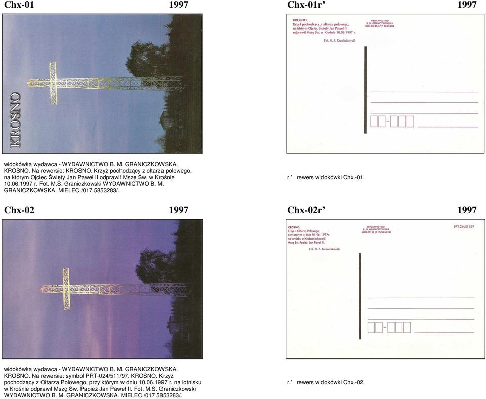 MIELEC./017 5853283/. r. rewers widokówki Chx.-01. Chx-02 1997 Chx-02r 1997 widokówka wydawca - WYDAWNICTWO B. M. GRANICZKOWSKA. KROSNO. Na rewersie: symbol PRT-024/511/97.