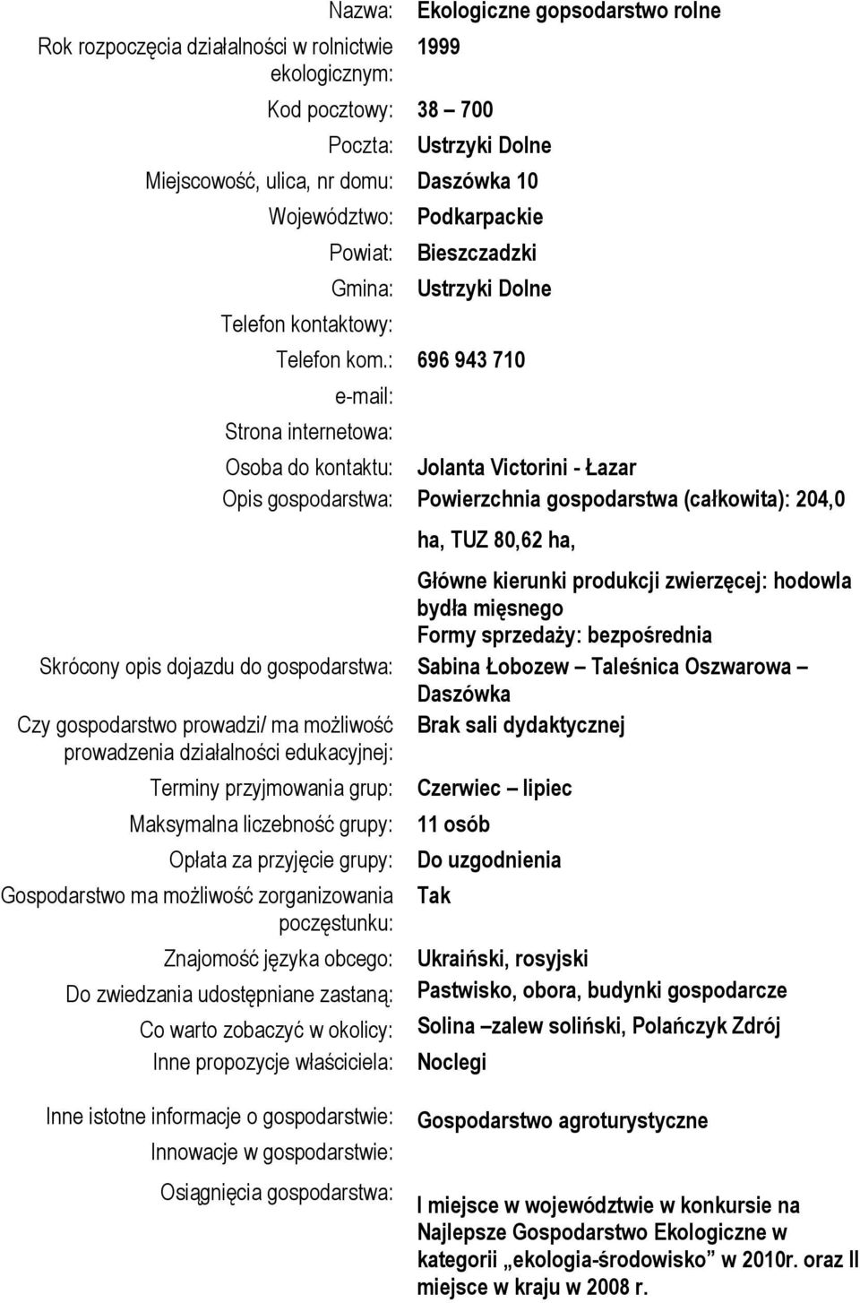 : 696 943 710 e-mail: Strona internetowa: Osoba do kontaktu: Jolanta Victorini - Łazar Opis gospodarstwa: Powierzchnia gospodarstwa (całkowita): 204,0 ha, TUZ 80,62 ha, Główne kierunki produkcji