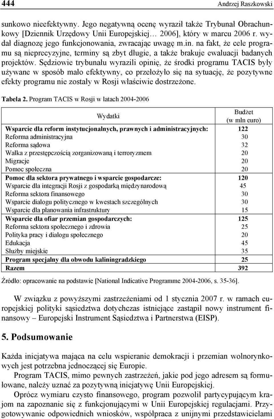 Sędziowie trybunału wyrazili opinię, że środki programu TACIS były używane w sposób mało efektywny, co przełożyło się na sytuację, że pozytywne efekty programu nie zostały w Rosji właściwie