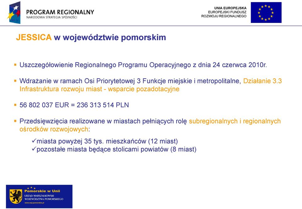 3 Infrastruktura rozwoju miast - wsparcie pozadotacyjne 56 802 037 EUR = 236 313 514 PLN Przedsięwzięcia realizowane w