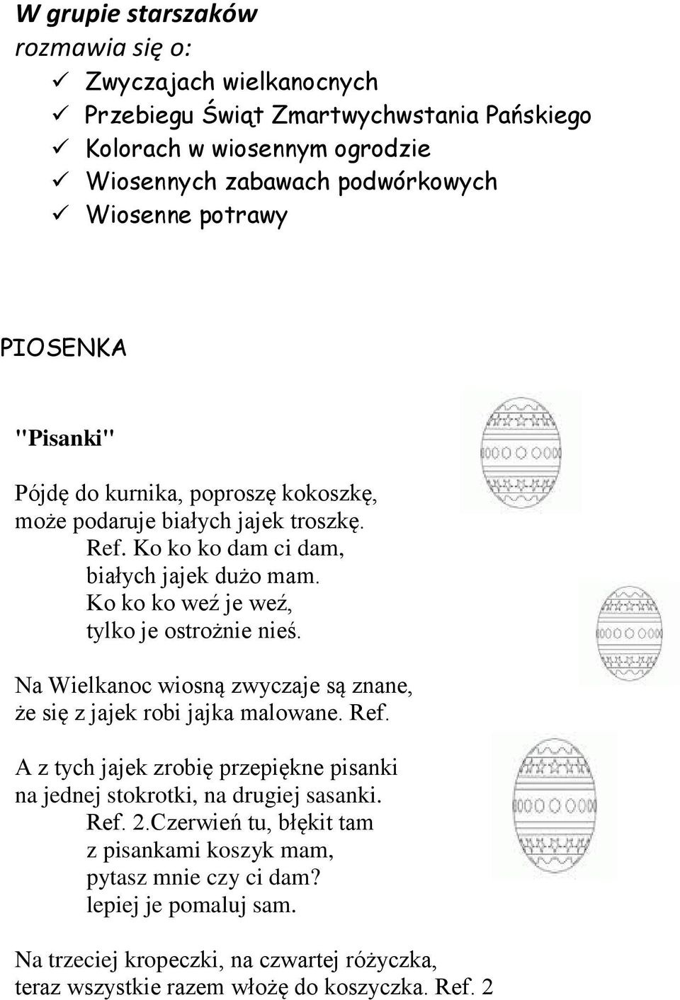 Ko ko ko weź je weź, tylko je ostrożnie nieś. Na Wielkanoc wiosną zwyczaje są znane, że się z jajek robi jajka malowane. Ref.