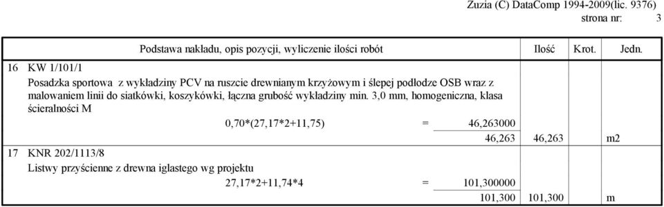 3,0 mm, homogeniczna, klasa ścieralności M 0,70*(27,17*2+11,75) = 46,263000 46,263 46,263 m2 17 KNR