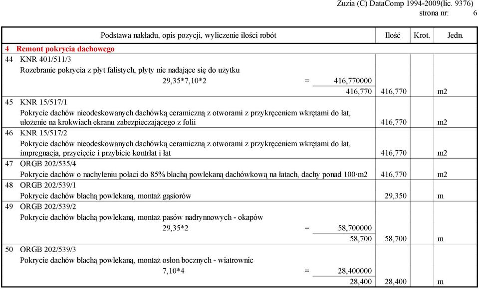 nieodeskowanych dachówką ceramiczną z otworami z przykręceniem wkrętami do łat, impregnacja, przycięcie i przybicie kontrłat i łat 416,770 m2 47 ORGB 202/535/4 Pokrycie dachów o nachyleniu połaci do