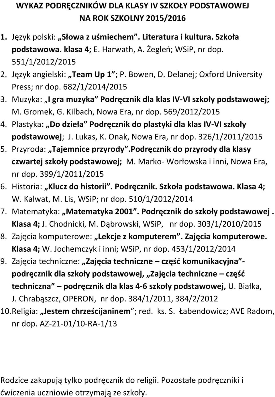 Kilbach, Nowa Era, nr dop. 569/2012/2015 4. Plastyka: Do dzieła Podręcznik do plastyki dla klas IV-VI szkoły podstawowej; J. Lukas, K. Onak, Nowa Era, nr dop. 326/1/2011/2015 5.