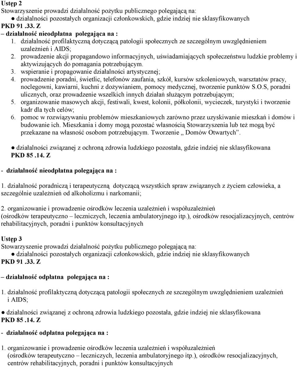 prowadzenie akcji propagandowo informacyjnych, uświadamiających społeczeństwu ludzkie problemy i aktywizujących do pomagania potrzebującym. 3. wspieranie i propagowanie działalności artystycznej; 4.