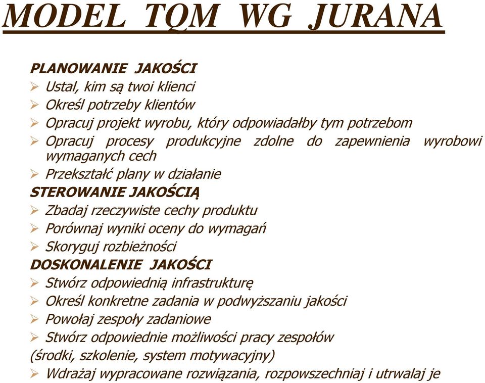 wyniki oceny do wymagań Skoryguj rozbieżności DOSKONALENIE JAKOŚCI Stwórz odpowiednią infrastrukturę Określ konkretne zadania w podwyższaniu jakości Powołaj