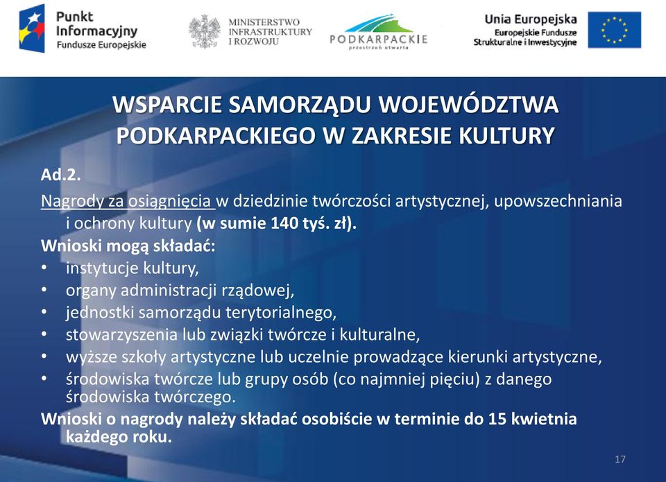 Wnioski mogą składać: instytucje kultury, organy administracji rządowej, jednostki samorządu terytorialnego, stowarzyszenia lub związki twórcze i