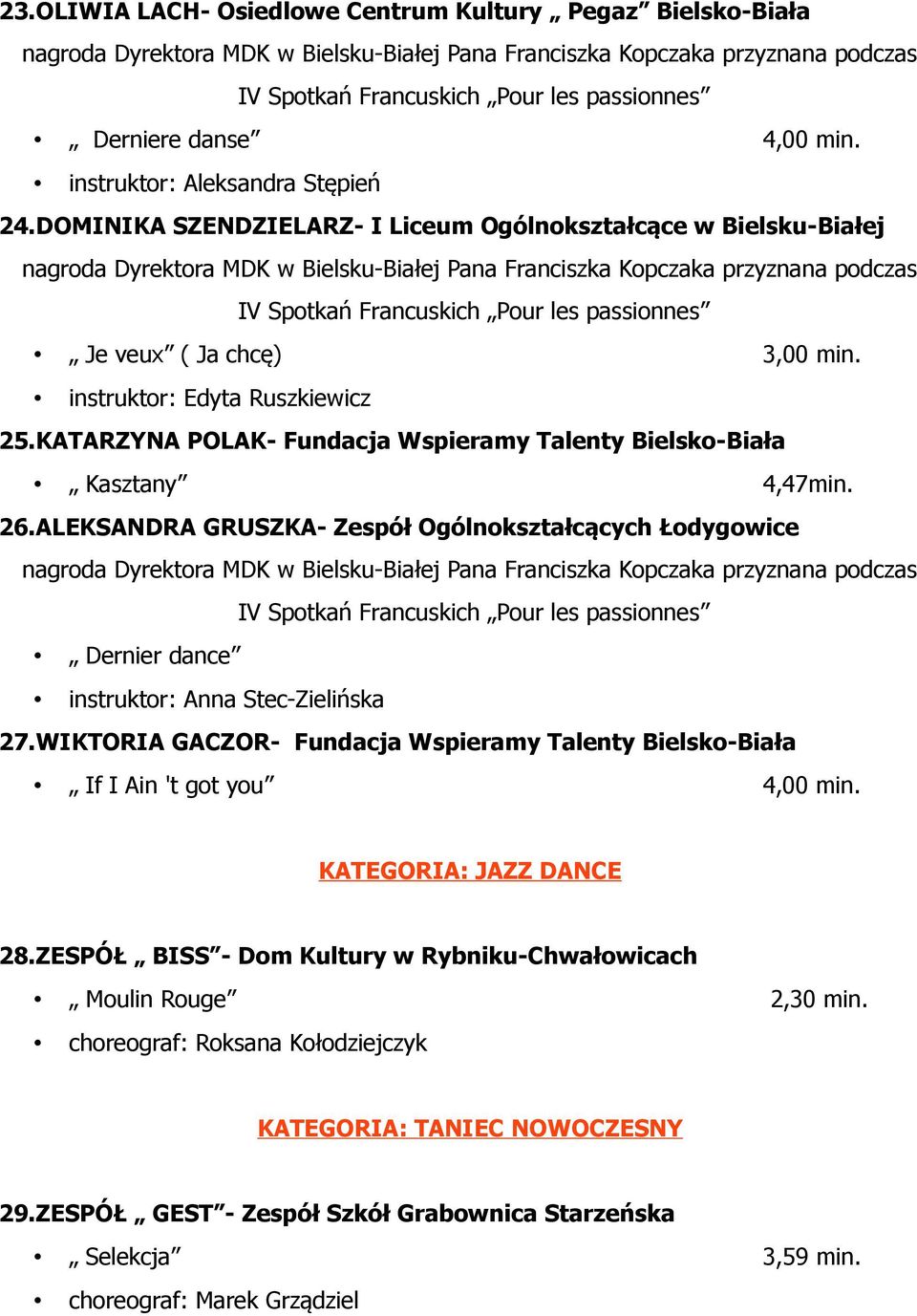 DOMINIKA SZENDZIELARZ- I Liceum Ogólnokształcące w Bielsku-Białej nagroda Dyrektora MDK w Bielsku-Białej Pana Franciszka Kopczaka przyznana podczas IV Spotkań Francuskich Pour les passionnes Je veux