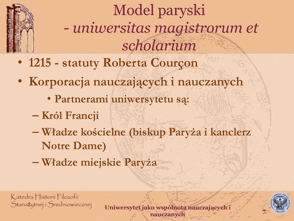 Partnerami uniwersytetu są: Król Francji Władze kościelne