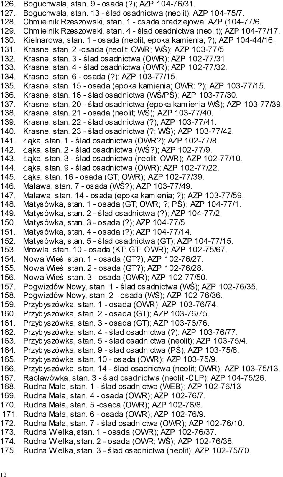 2 -osada (neolit; OWR; WŚ); AZP 103-77/5 132. Krasne, stan. 3 - ślad osadnictwa (OWR); AZP 102-77/31 133. Krasne, stan. 4 - ślad osadnictwa (OWR); AZP 102-77/32. 134. Krasne, stan. 6 - osada (?