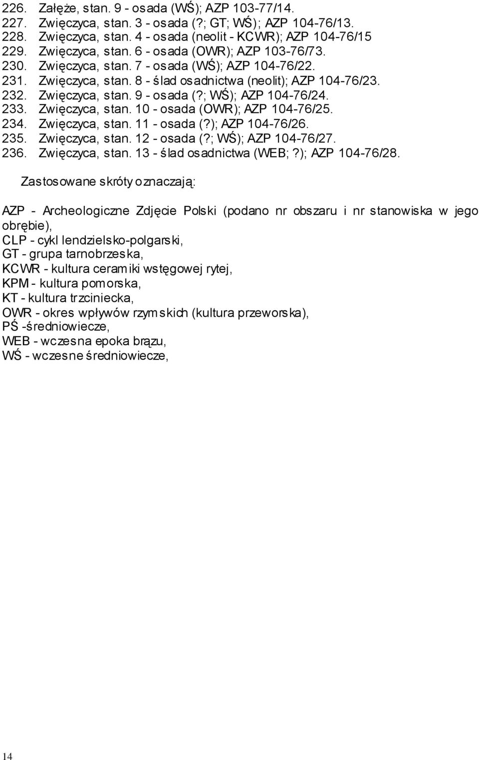 234. Zwięczyca, stan. 11 - osada (?); AZP 104-76/26. 235. Zwięczyca, stan. 12 - osada (?; WŚ); AZP 104-76/27. 236. Zwięczyca, stan. 13 - ślad osadnictwa (WEB;?); AZP 104-76/28.