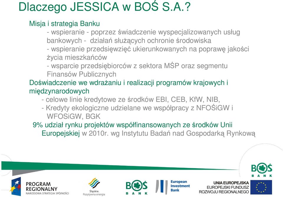 ? Misja i strategia Banku - wspieranie - poprzez świadczenie wyspecjalizowanych usług bankowych - działań słuŝących ochronie środowiska - wspieranie przedsięwzięć