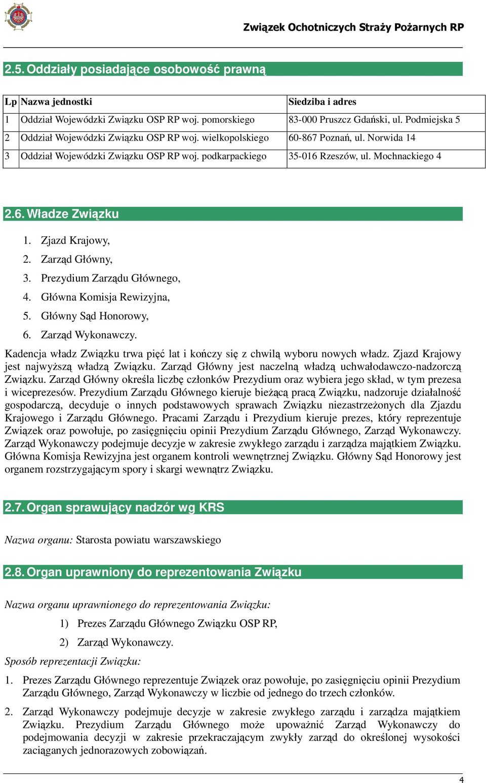 Zjazd Krajowy, 2. Zarząd Główny, 3. Prezydium Zarządu Głównego, 4. Główna Komisja Rewizyjna, 5. Główny Sąd Honorowy, 6. Zarząd Wykonawczy.