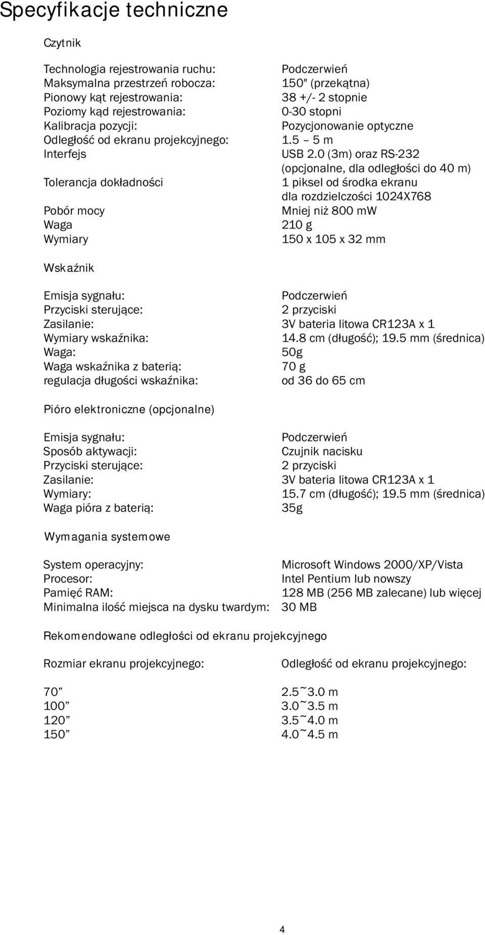 0(3m)orazRS-232 (opcjonalne,dlaodległ oś cido40m) Tolerancjadokł adnoś ci 1pikselodś rodkaekranu dlarozdzielczoś ci1024x768 Pobórmocy Mniejniż 80mW Waga 210g Wymiary 150x105x32m Wskaźnik ć