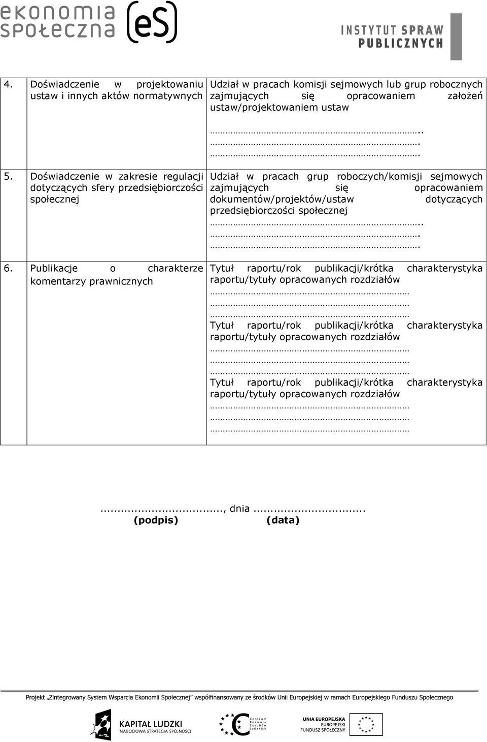 ustaw/projektowaniem ustaw.... Udział w pracach grup roboczych/komisji sejmowych zajmujących się opracowaniem dokumentów/projektów/ustaw dotyczących przedsiębiorczości społecznej.... 6.