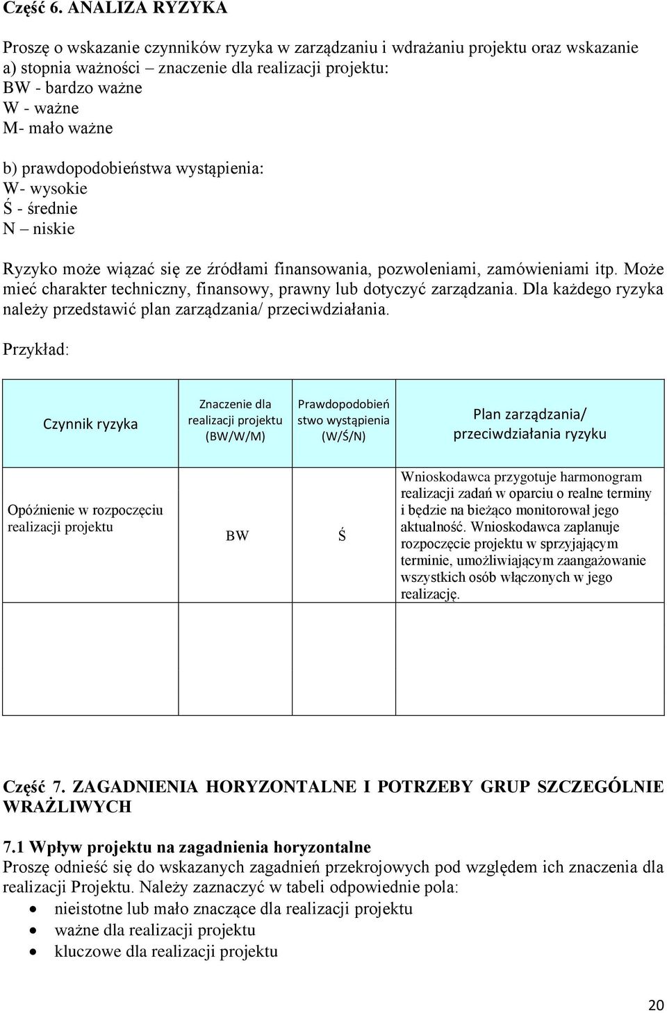 b) prawdopodobieństwa wystąpienia: W- wysokie Ś - średnie N niskie Ryzyko może wiązać się ze źródłami finansowania, pozwoleniami, zamówieniami itp.