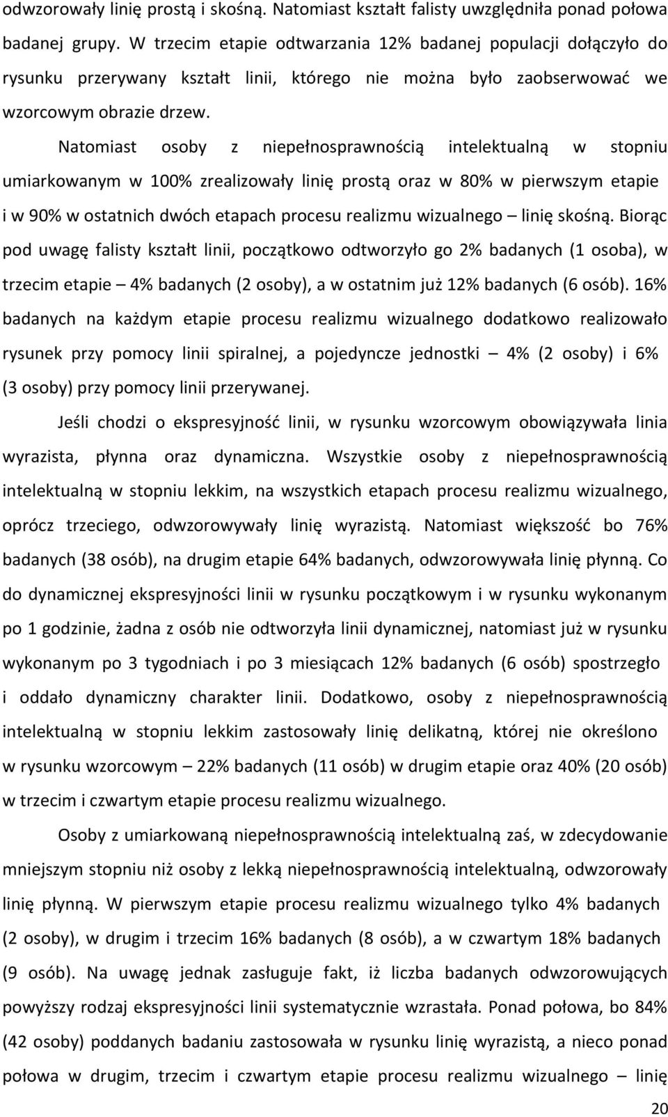 Natomiast osoby z niepełnosprawnością intelektualną w stopniu umiarkowanym w 100% zrealizowały linię prostą oraz w 80% w pierwszym etapie i w 90% w ostatnich dwóch etapach procesu realizmu wizualnego