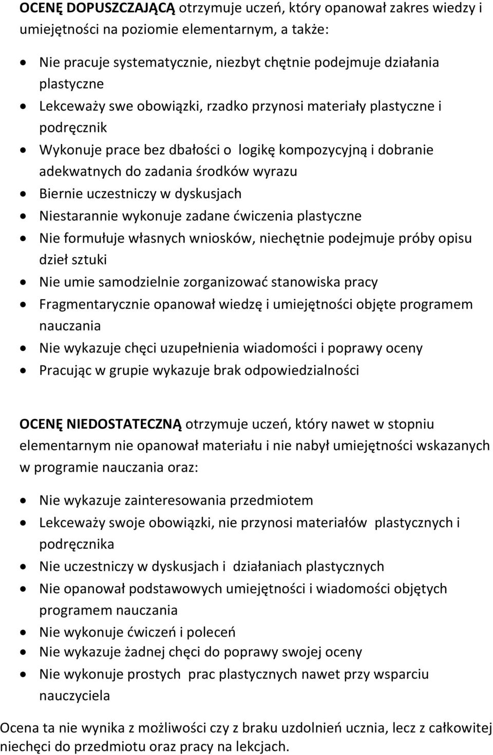 dyskusjach Niestarannie wykonuje zadane ćwiczenia plastyczne Nie formułuje własnych wniosków, niechętnie podejmuje próby opisu dzieł sztuki Nie umie samodzielnie zorganizować stanowiska pracy