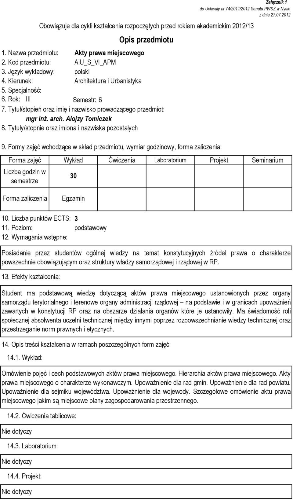 Tytuły/stopnie oraz imiona i nazwiska pozostałych Załącznik 1 do Uchwały nr 74/2011/2012 Senatu PWSZ w Nysie z dnia 27.07.