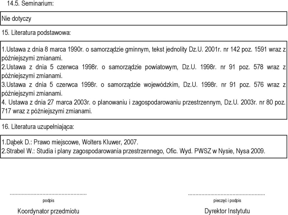 4. Ustawa z dnia 27 marca 2003r. o planowaniu i zagospodarowaniu przestrzennym, Dz.U. 2003r. nr 80 poz. 717 wraz z późniejszymi zmianami. 16. Literatura uzupełniająca: 1.Dąbek D.