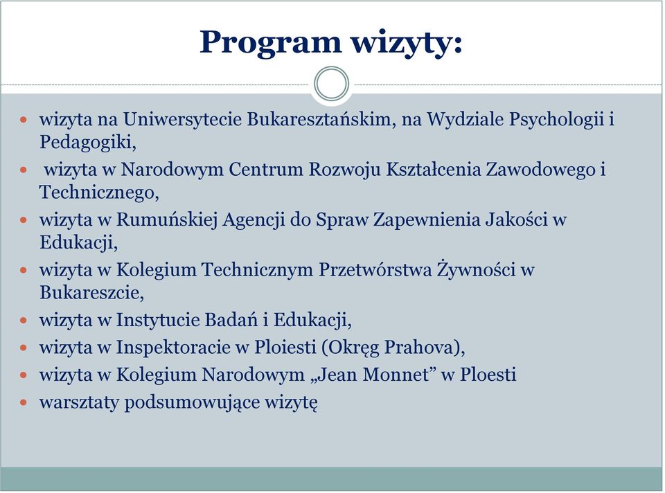 Edukacji, wizyta w Kolegium Technicznym Przetwórstwa Żywności w Bukareszcie, wizyta w Instytucie Badań i Edukacji,