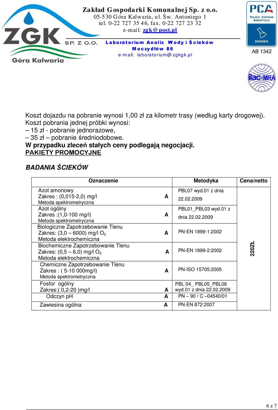 PKIETY PROMOCYJNE BDNI ŚCIEKÓW /netto zot amonowy Zakres : (0,015-2,0) mg/l PBL07 wyd.01 z dnia 22.02.