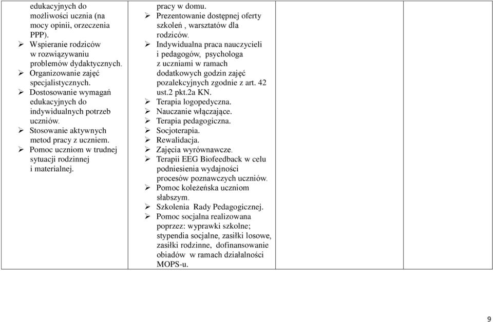 Prezentowanie dostępnej oferty szkoleń, warsztatów dla rodziców. Indywidualna praca nauczycieli i pedagogów, psychologa z uczniami w ramach dodatkowych godzin zajęć pozalekcyjnych zgodnie z art.