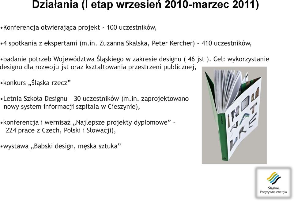 Cel: wykorzystanie designu dla rozwoju jst oraz kształtowania przestrzeni publicznej, konkurs Śląska rzecz Letnia Szkoła Designu 30 uczestników