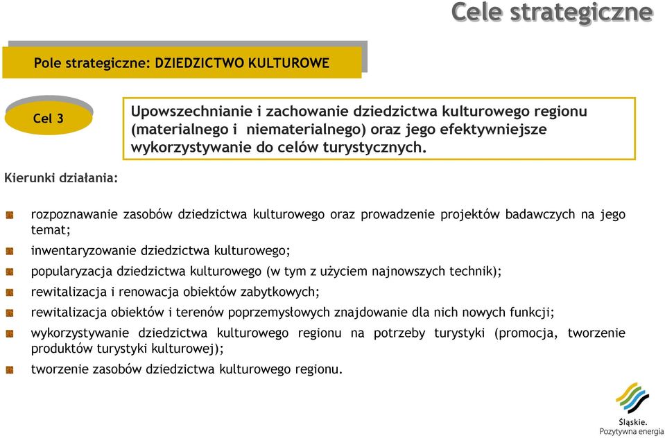 Kierunki działania: rozpoznawanie zasobów dziedzictwa kulturowego oraz prowadzenie projektów badawczych na jego temat; inwentaryzowanie dziedzictwa kulturowego; popularyzacja dziedzictwa