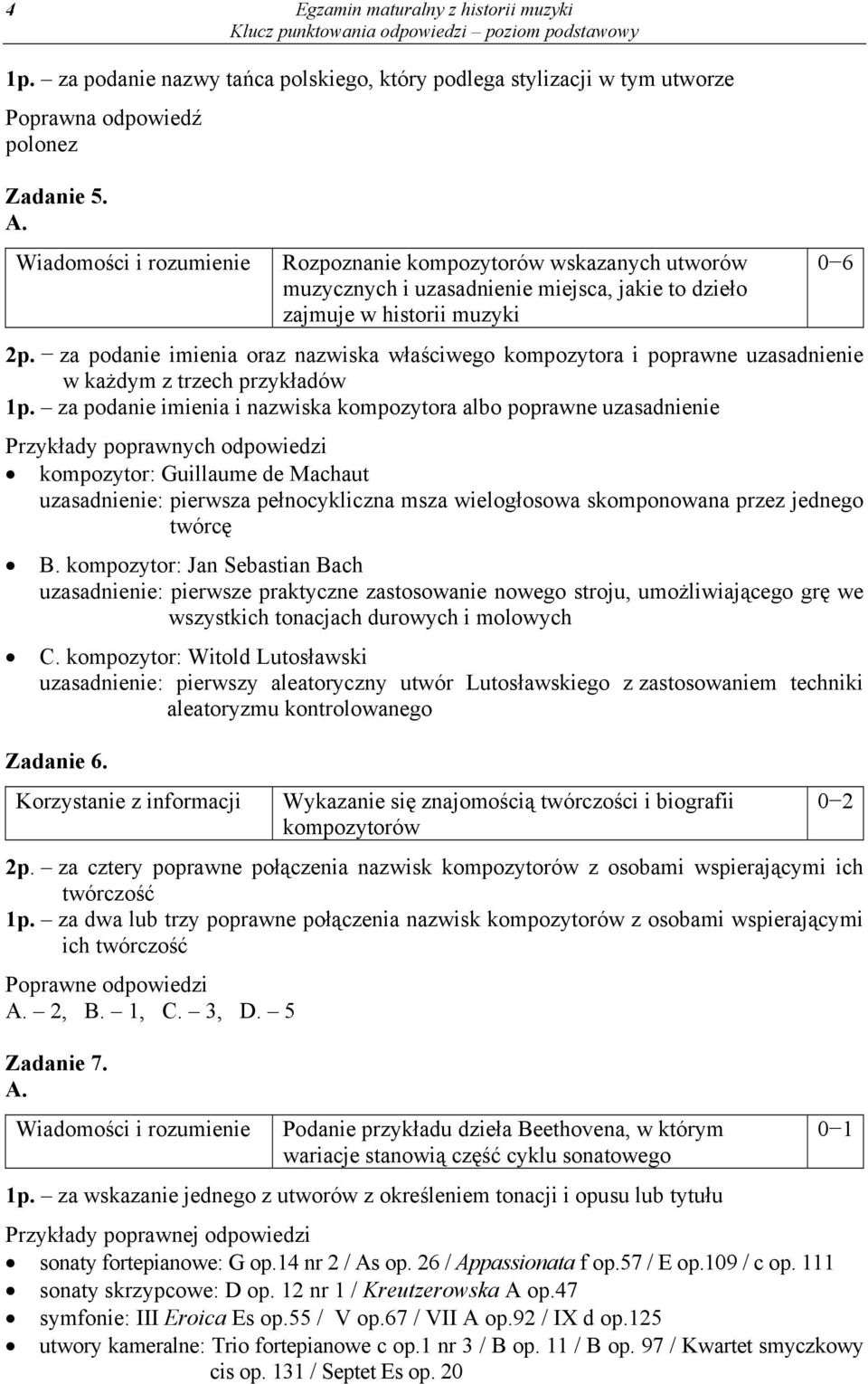 za podanie imienia oraz nazwiska właściwego kompozytora i poprawne uzasadnienie w każdym z trzech przykładów 1p.