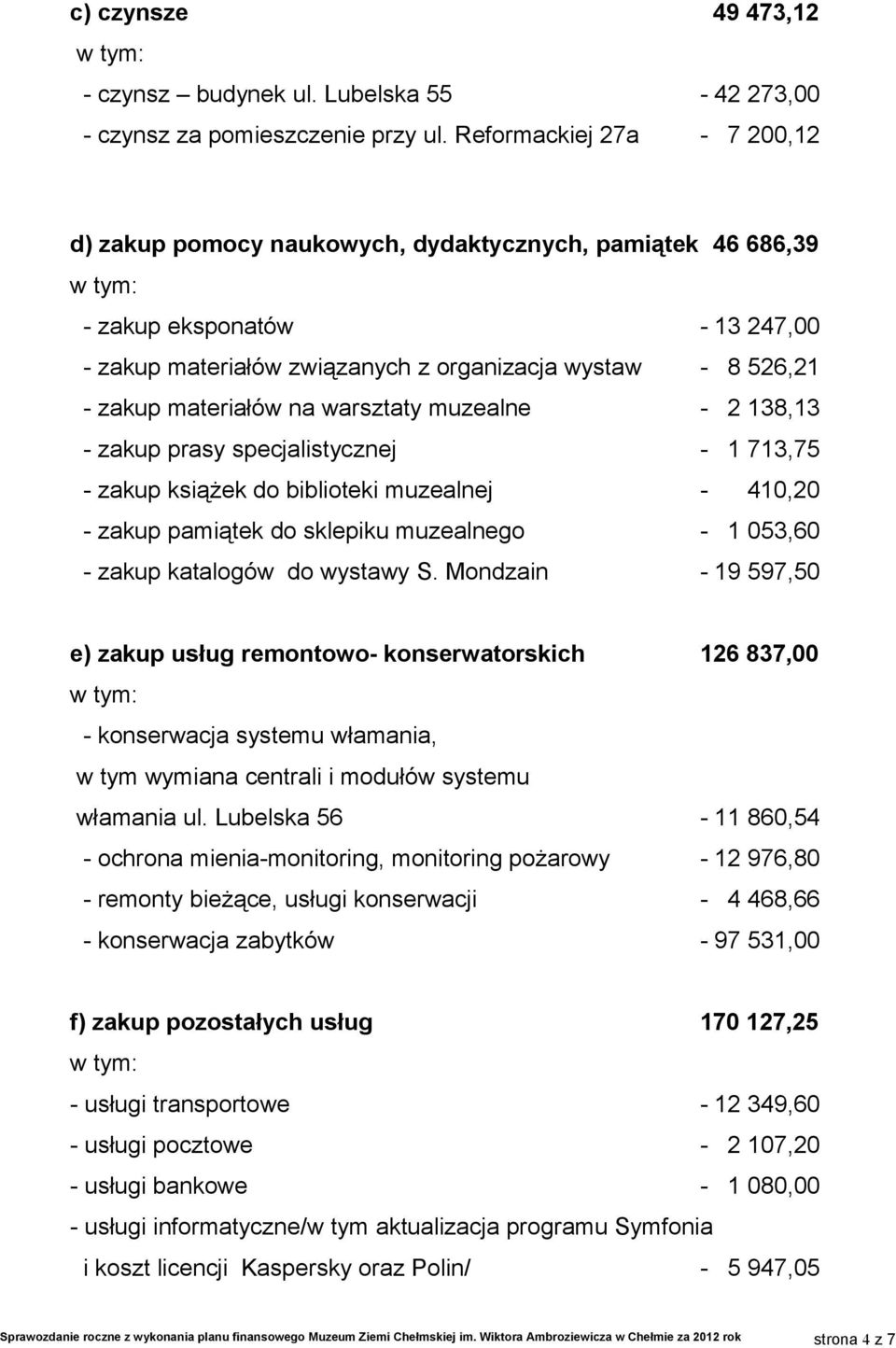 materiałów na warsztaty muzealne - 2 138,13 - zakup prasy specjalistycznej - 1 713,75 - zakup książek do biblioteki muzealnej - 410,20 - zakup pamiątek do sklepiku muzealnego - 1 053,60 - zakup