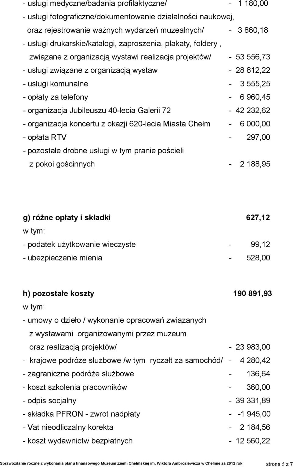 opłaty za telefony - 6 960,45 - organizacja Jubileuszu 40-lecia Galerii 72-42 232,62 - organizacja koncertu z okazji 620-lecia Miasta Chełm - 6 000,00 - opłata RTV - 297,00 - pozostałe drobne usługi