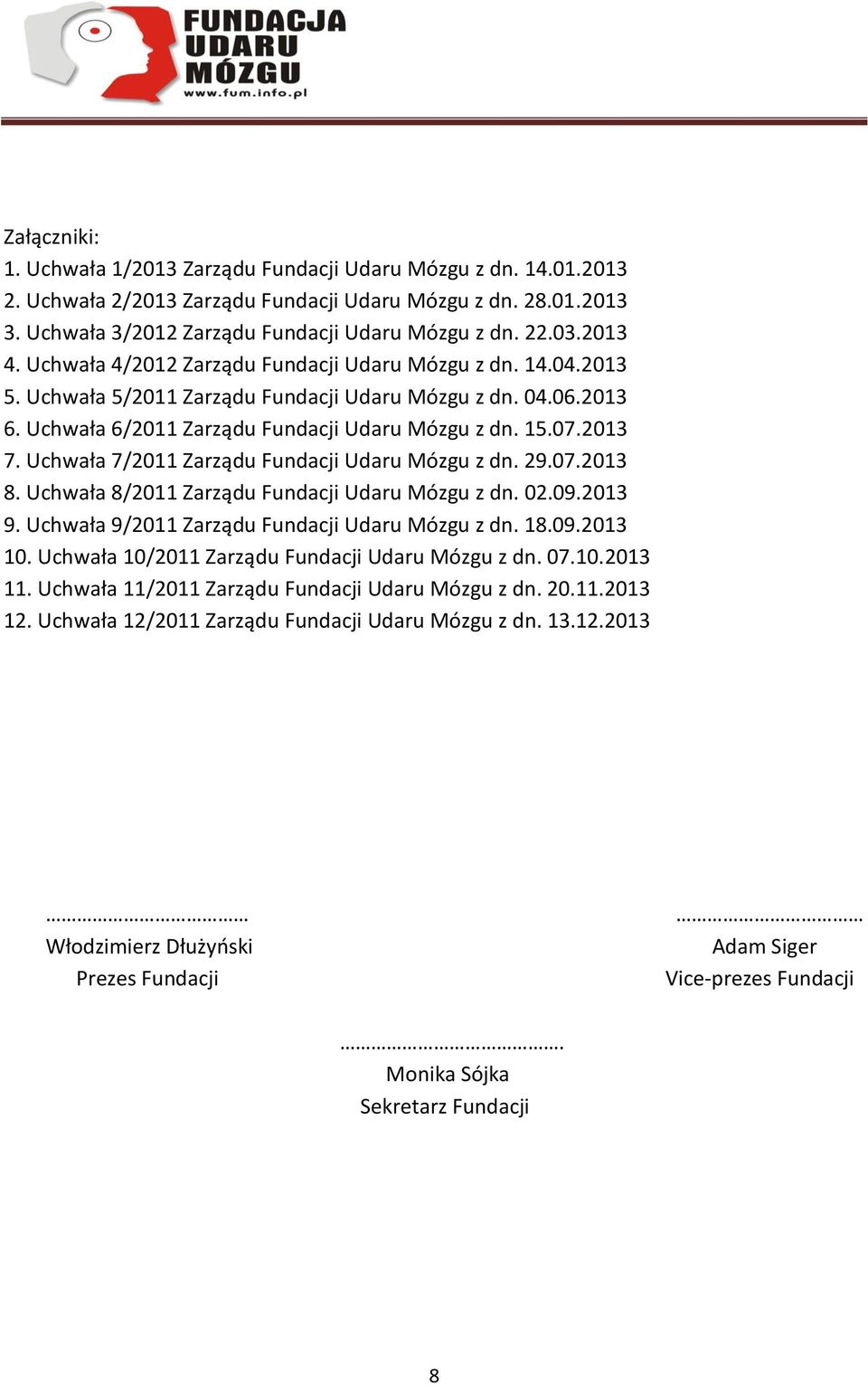 Uchwała 7/2011 Zarządu Fundacji Udaru Mózgu z dn. 29.07.2013 8. Uchwała 8/2011 Zarządu Fundacji Udaru Mózgu z dn. 02.09.2013 9. Uchwała 9/2011 Zarządu Fundacji Udaru Mózgu z dn. 18.09.2013 10.