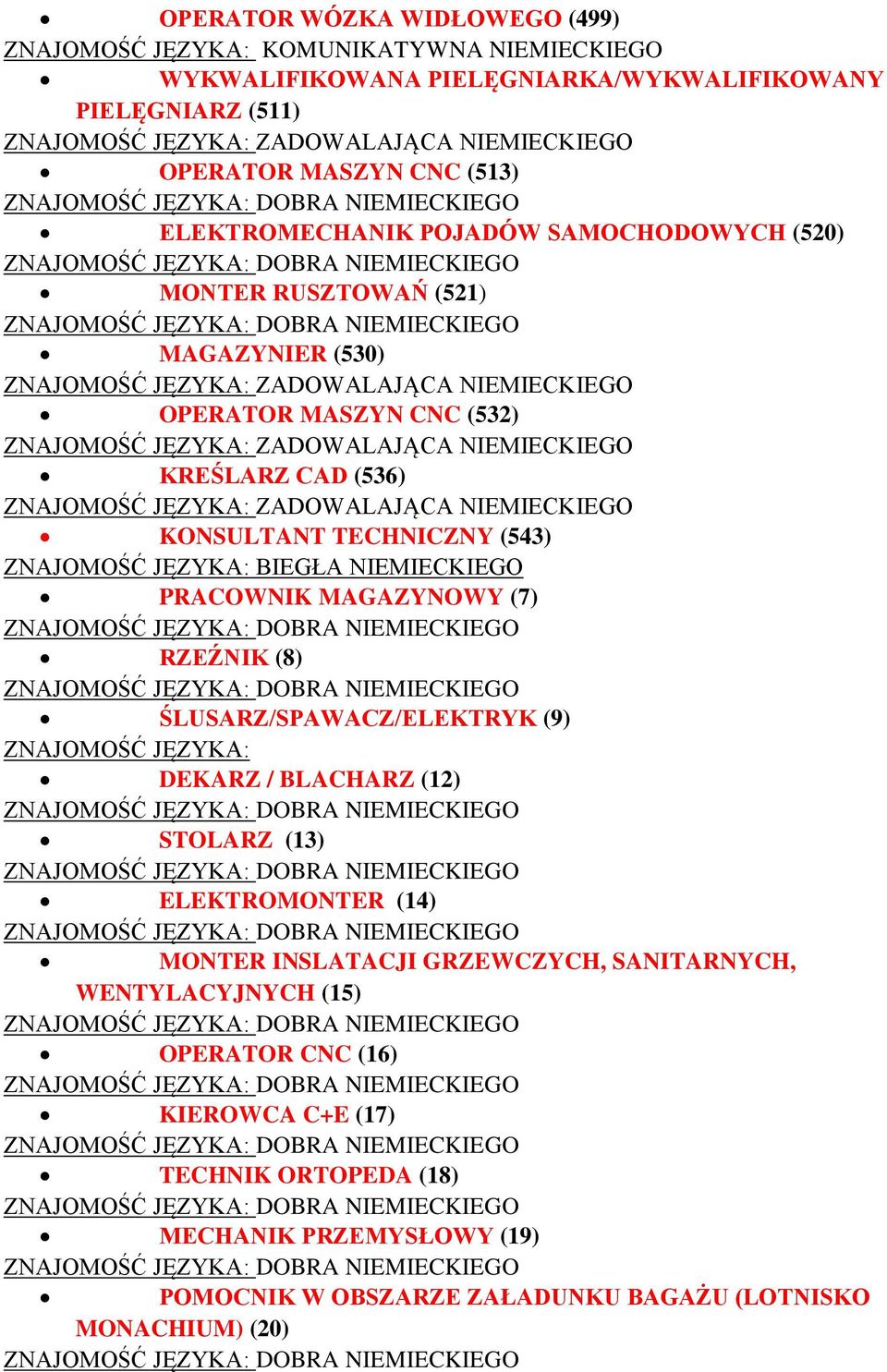 BIEGŁA NIEMIECKIEGO PRACOWNIK MAGAZYNOWY (7) RZEŹNIK (8) ŚLUSARZ/SPAWACZ/ELEKTRYK (9) ZNAJOMOŚĆ JĘZYKA: DEKARZ / BLACHARZ (12) STOLARZ (13) ELEKTROMONTER (14) MONTER INSLATACJI