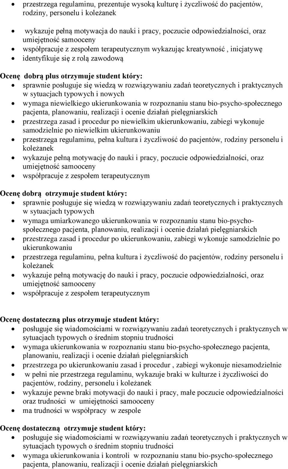 rozwiązywaniu zadań teoretycznych i praktycznych w sytuacjach typowych i nowych wymaga niewielkiego ukierunkowania w rozpoznaniu stanu bio-psycho-społecznego przestrzega zasad i procedur po