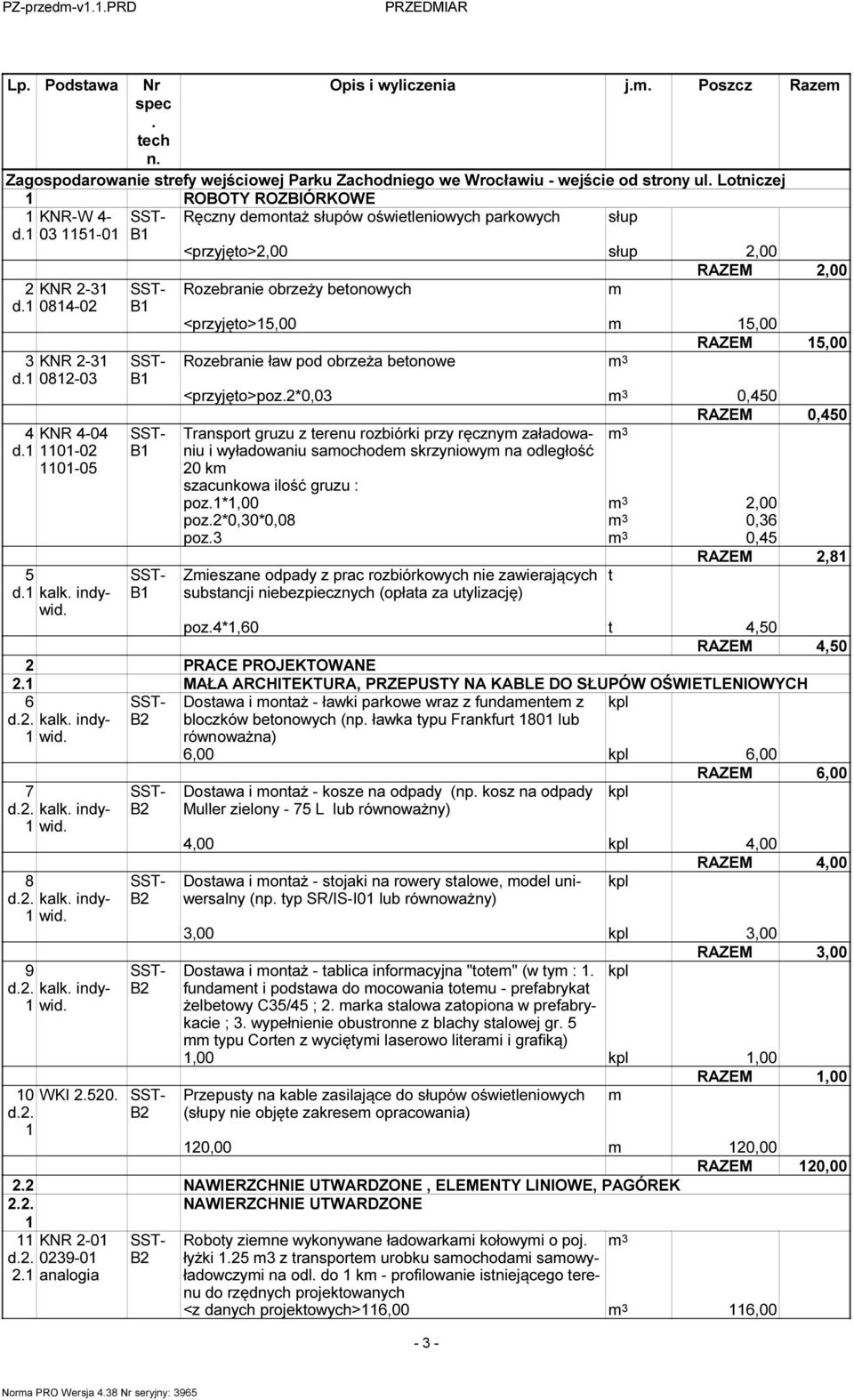 RAZEM 5,00 Rozebranie ław pod obrzeża betonowe m <przyjęto>poz*0,0 m 0,50 RAZEM 0,50 Transport gruzu z terenu rozbiórki przy ręcznym załadowaniu m i wyładowaniu samochodem skrzyniowym na odległość 0