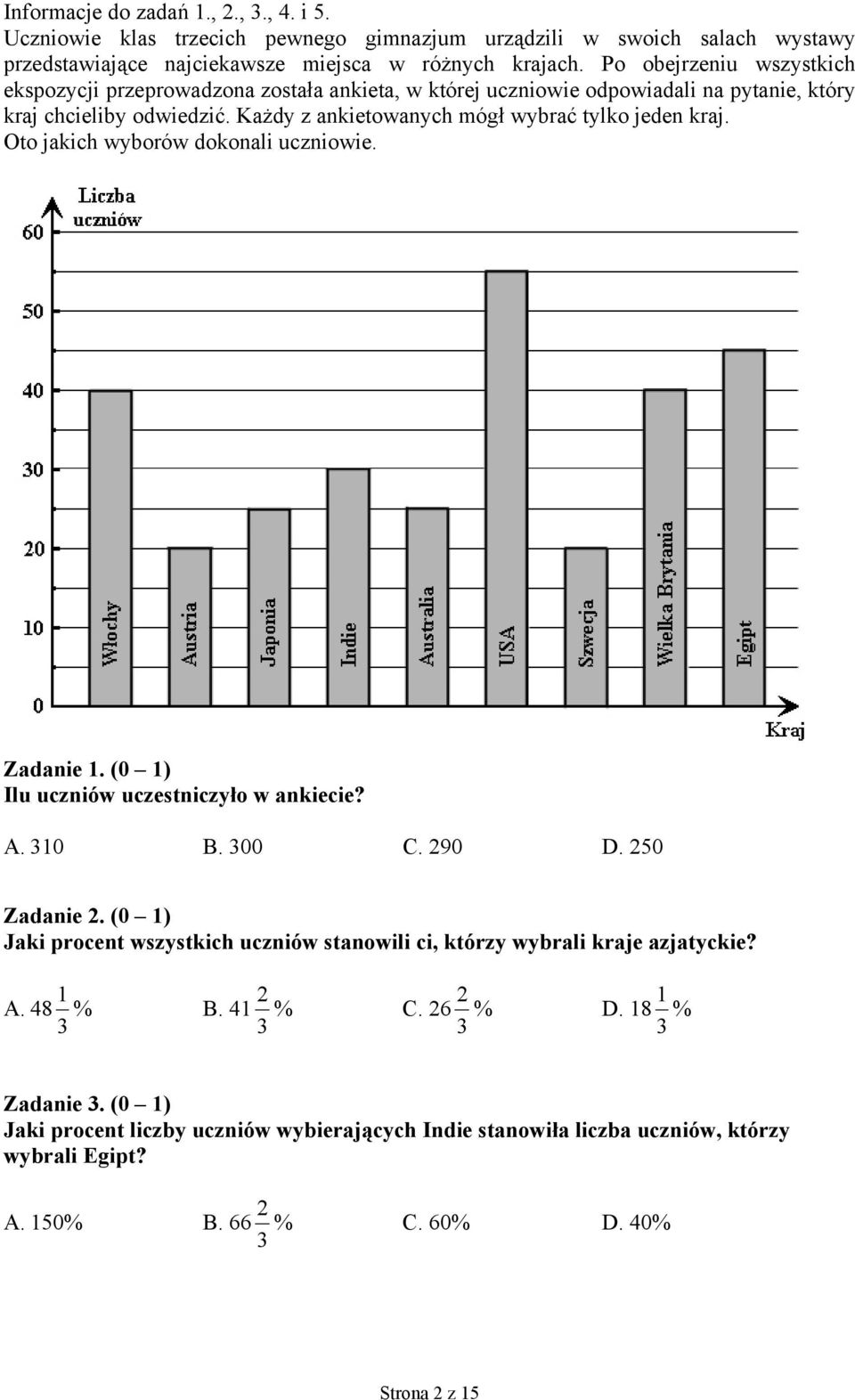 Oto jakich wyborów dokonali uczniowie. Zadanie 1. (0 1) Ilu uczniów uczestniczyło w ankiecie? A. 310 B. 300 C. 290 D. 250 Zadanie 2.