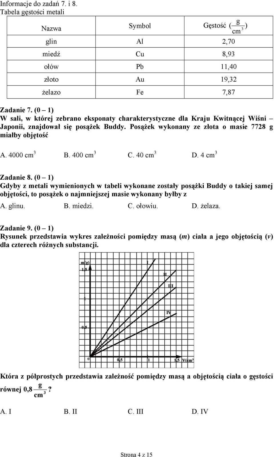 400 cm 3 C. 40 cm 3 D. 4 cm 3 Zadanie 8. (0 1) Gdyby z metali wymienionych w tabeli wykonane zostały posążki Buddy o takiej samej objętości, to posążek o najmniejszej masie wykonany byłby z A. glinu.