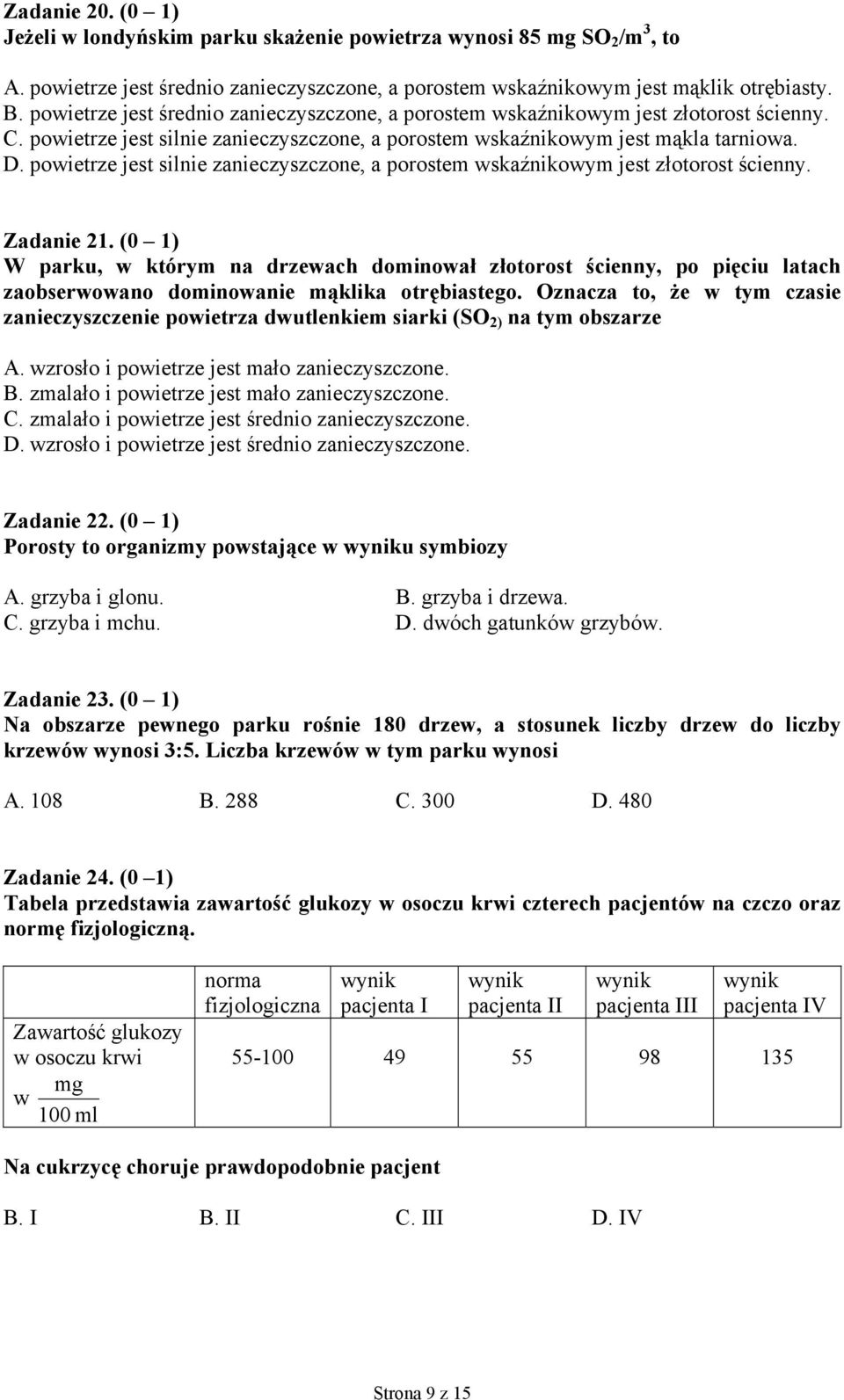 powietrze jest silnie zanieczyszczone, a porostem wskaźnikowym jest złotorost ścienny. Zadanie 21.