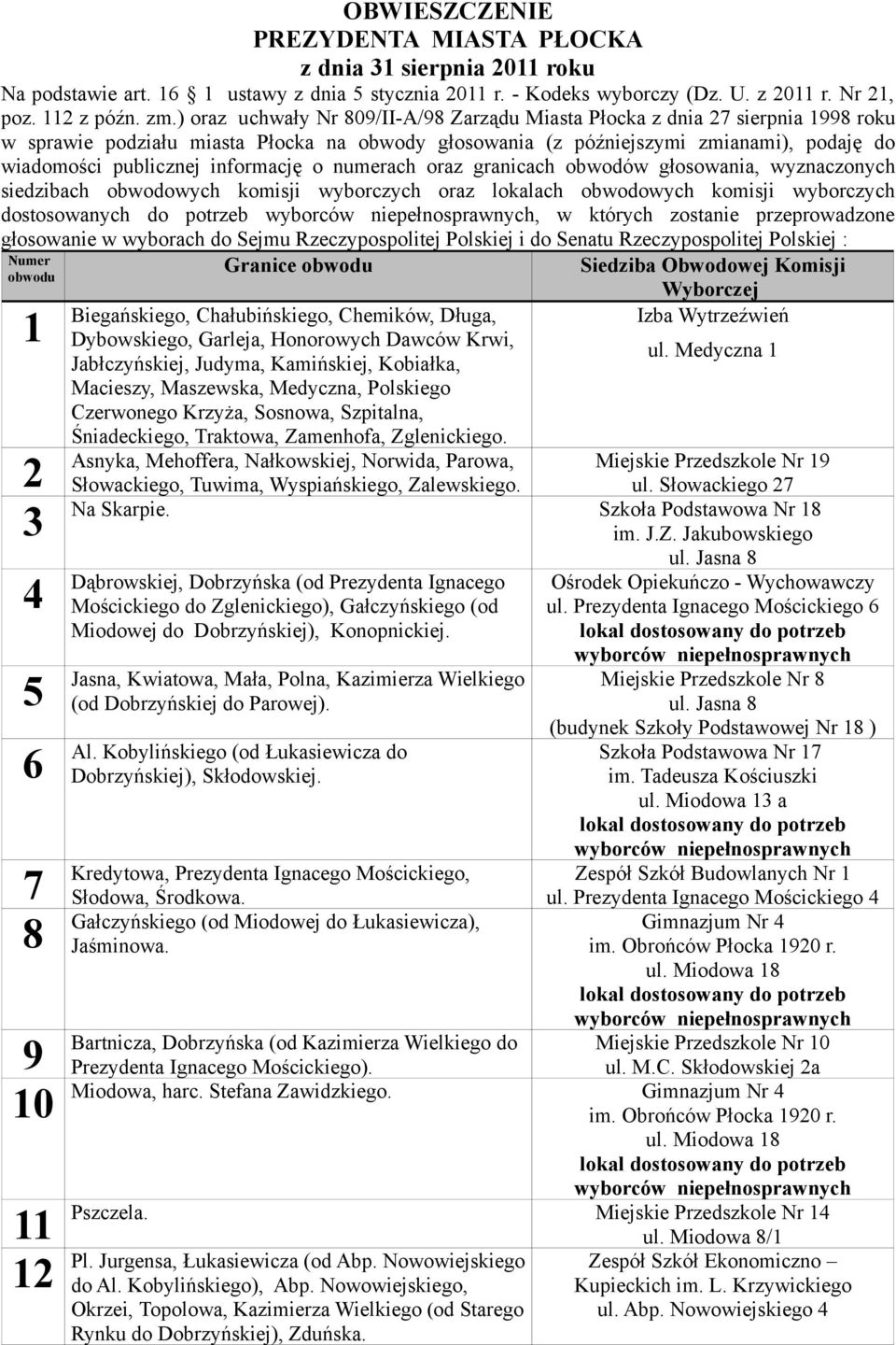 informację o numerach oraz granicach obwodów głosowania, wyznaczonych siedzibach obwodowych komisji wyborczych oraz lokalach obwodowych komisji wyborczych dostosowanych do potrzeb, w których zostanie