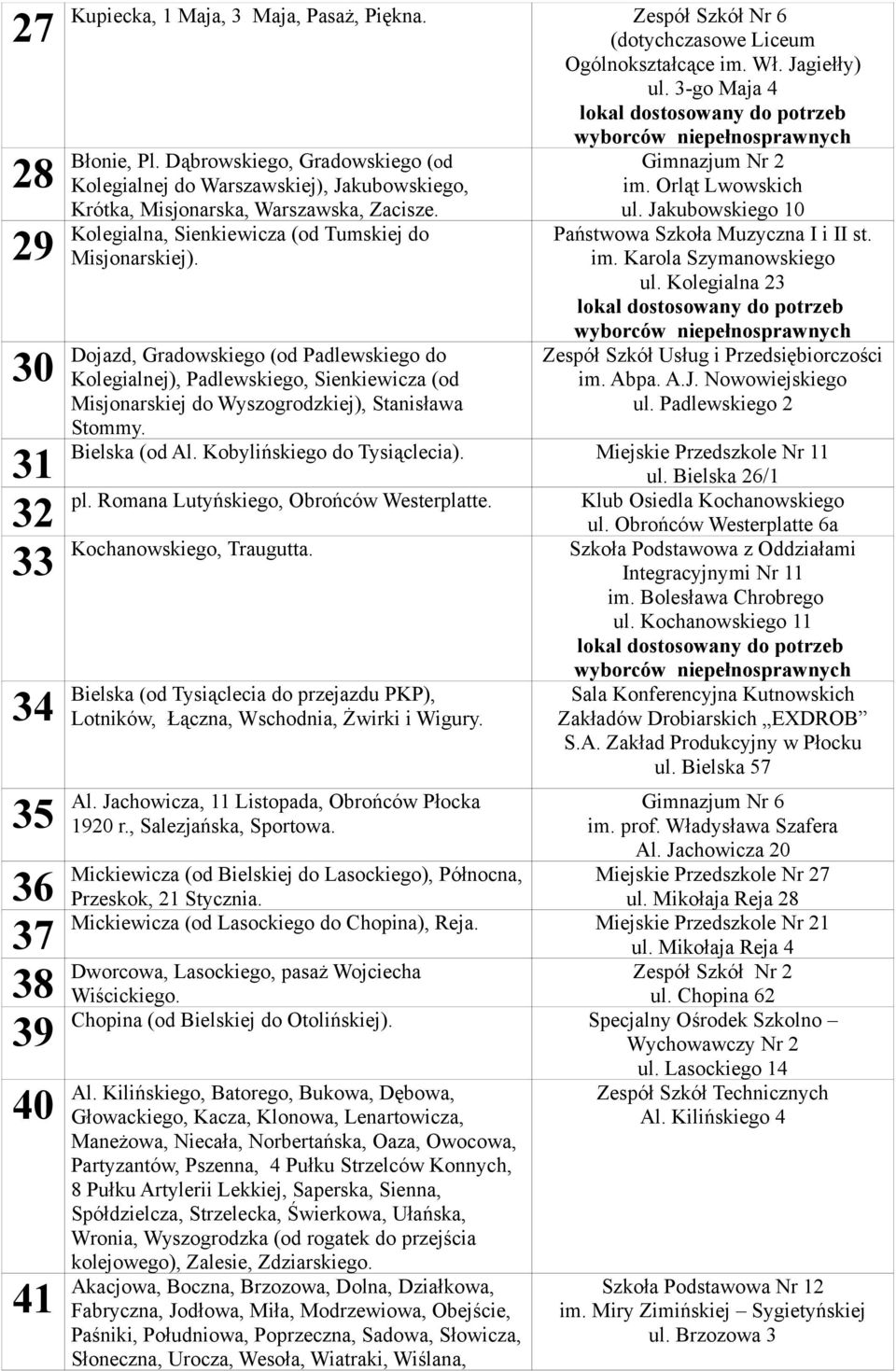 Dojazd, Gradowskiego (od Padlewskiego do Kolegialnej), Padlewskiego, Sienkiewicza (od Misjonarskiej do Wyszogrodzkiej), Stanisława Stommy. Gimnazjum Nr 2 im. Orląt Lwowskich ul.