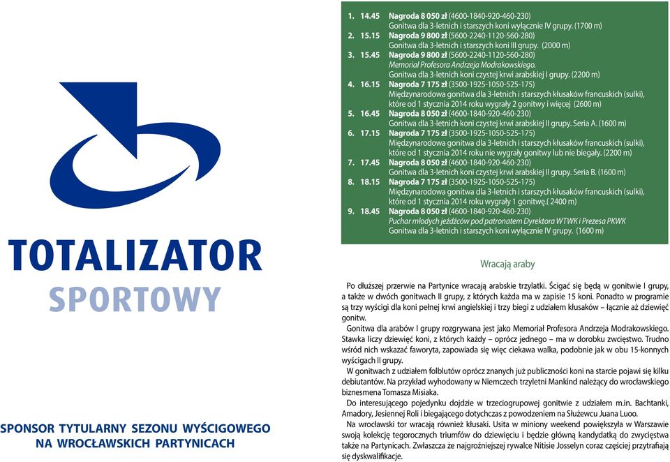 1 Nagroda 1 zł (00-1-100--1) Międzynarodowa gonitwa dla -letnich i starszych kłusaków francuskich (sulki), które od 1 stycznia 01 roku wygrały gonitwy i więcej (00 m). 1. Nagroda 00 zł (00-10-0-0-0) Gonitwa dla -letnich koni czystej krwi arabskiej II grupy.