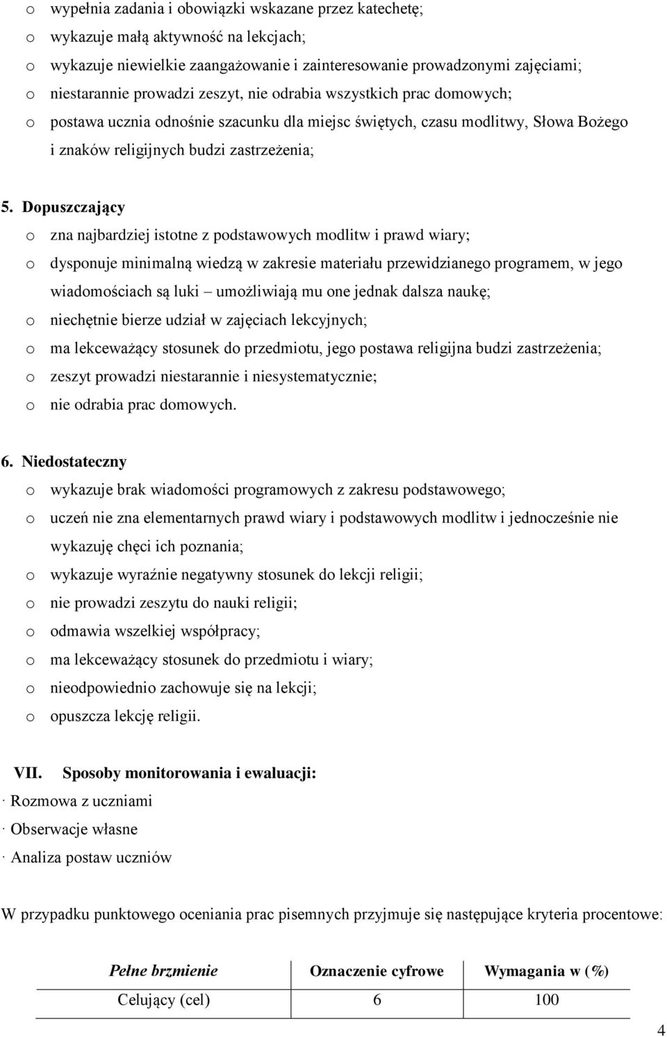 Dopuszczający o zna najbardziej istotne z podstawowych modlitw i prawd wiary; o dysponuje minimalną wiedzą w zakresie materiału przewidzianego programem, w jego wiadomościach są luki umożliwiają mu