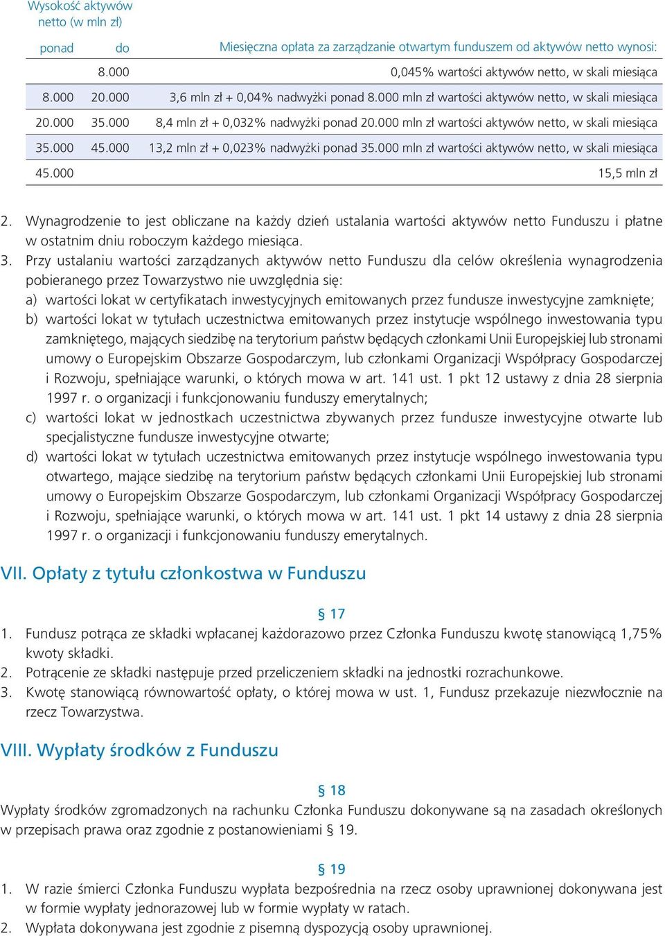 000 45.000 13,2 mln zł + 0,023% nadwyżki ponad 35.000 mln zł wartości aktywów netto, w skali miesiąca 45.000 15,5 mln zł 2.